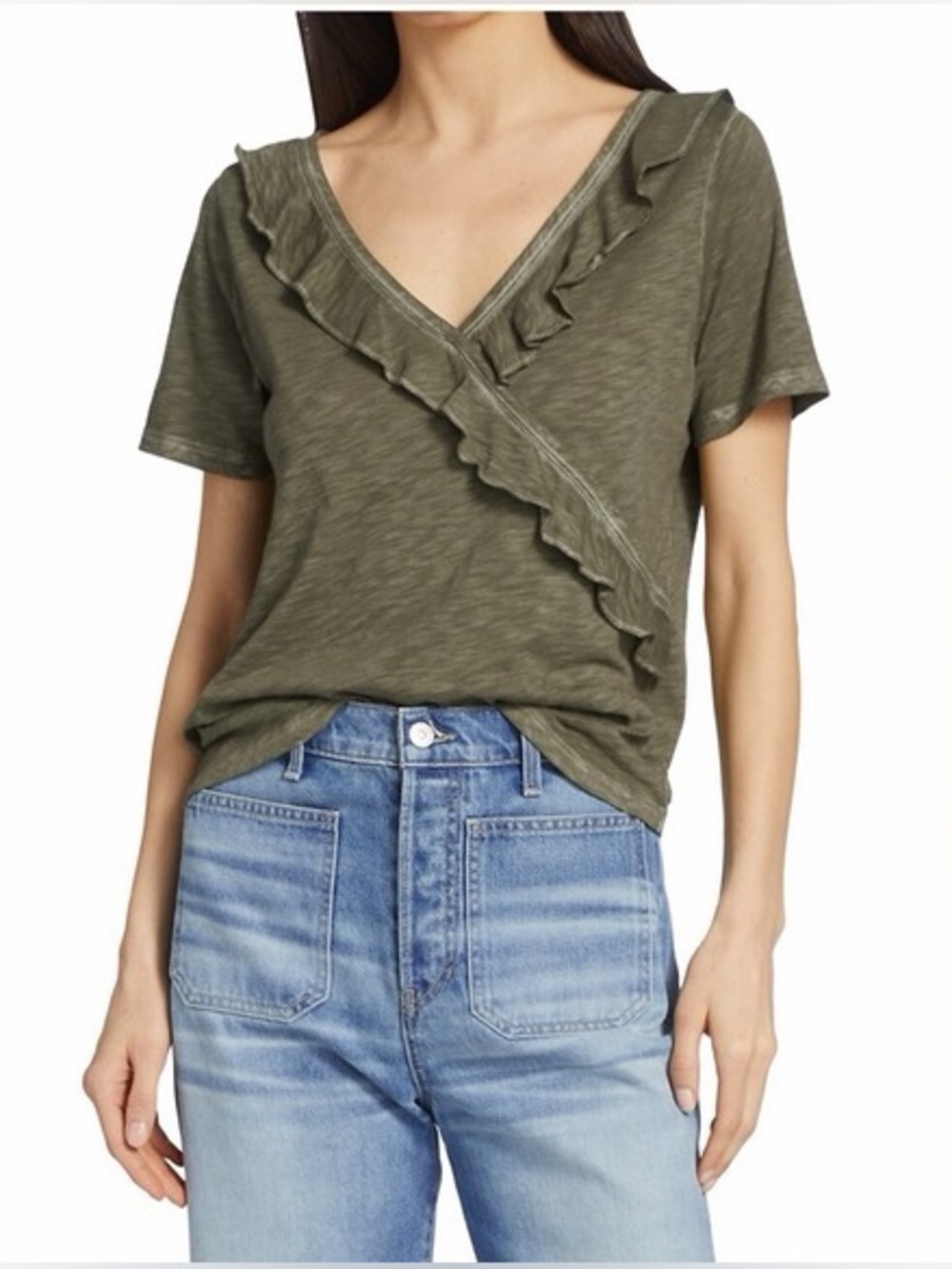 Veronica Beard T-shirt 100% Pima Cotton Dubois Light Army Green Ruffle SIZE XS